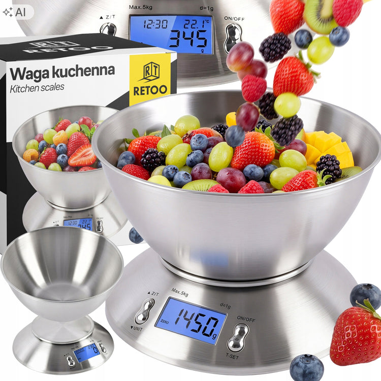 Elektroninės virtuvinės svarstyklės su dubeniu 1,8 l, laikmačiu ir termometru, 5 kg / 1 g