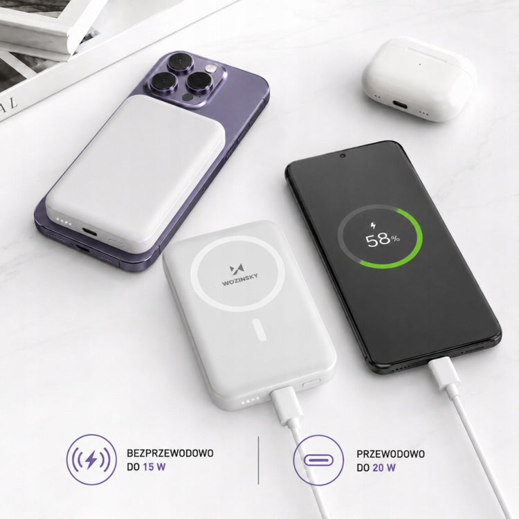 Magnetinis belaidis išorinis akumuliatorius „Wozinsky“ Qi / MagSafe, 10000 mAh, baltas