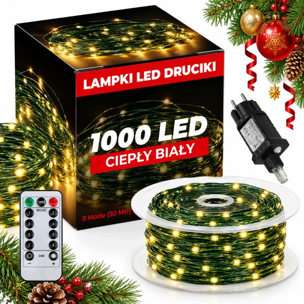 Kalėdinė mikro LED girlianda 1000 LED, 100 m, šiltai balta, su pulteliu