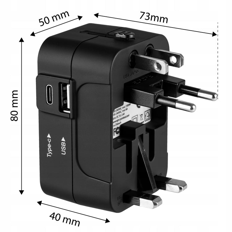Universalus kelioninis adapteris „Vayox VA0407“ su USB-C, viso pasaulio lizdams