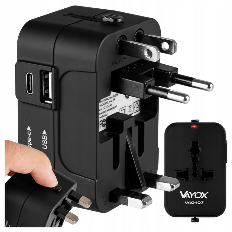 Universalus kelioninis adapteris „Vayox VA0407“ su USB-C, viso pasaulio lizdams