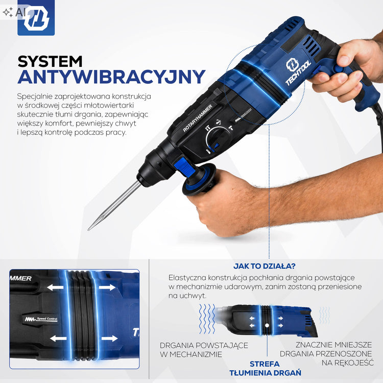 Perforatorius „Techtool“ SDS+, 830 W, 3 J, su 3 m laidu – nuotrauka 2