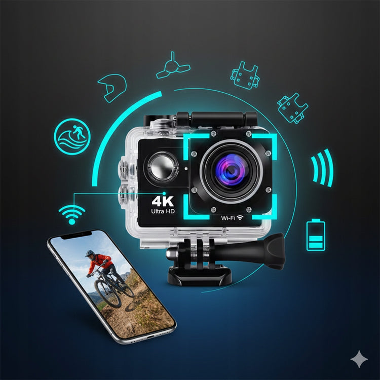 Veiksmo kamera „DRMZ ActionXtreme PRO 2“ su 2 laikikliais, vandeniui atspari iki 30 m