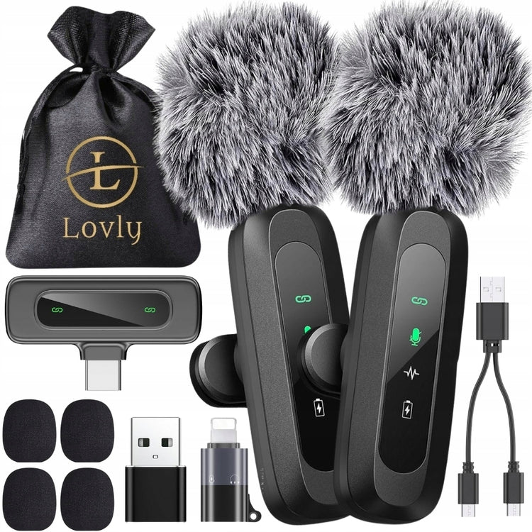 2 belaidžiai segami mikrofonai „Lovly J3“ telefonui ir kompiuteriui, USB-C