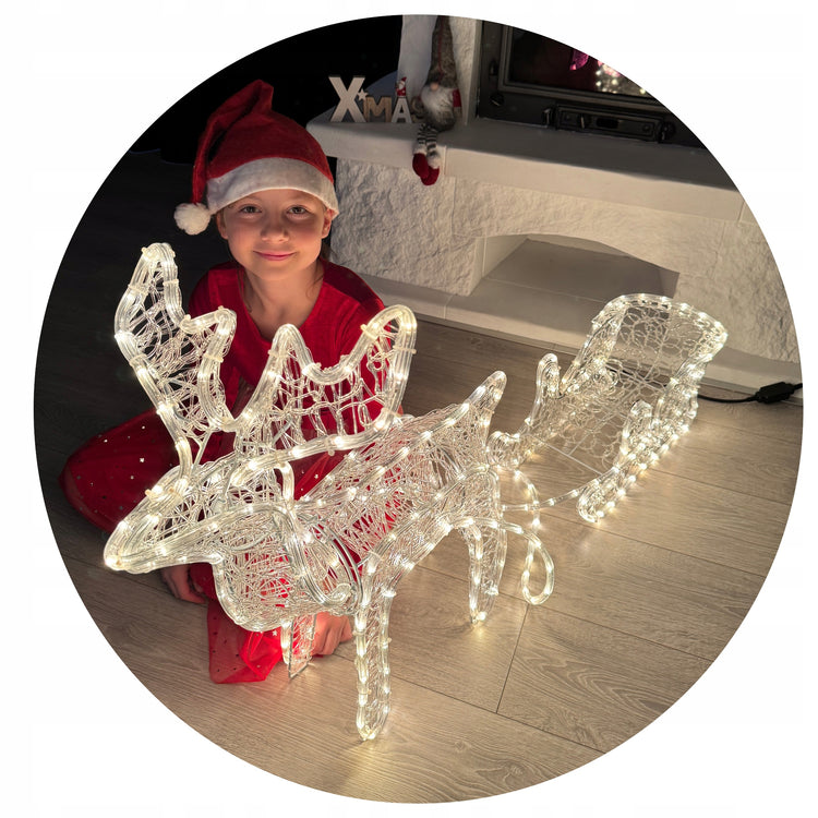 Šviečianti LED šiaurės elnio su rogutėmis figūra, 120 cm, 264 LED
