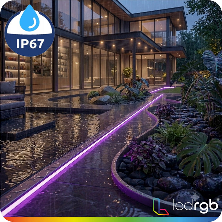 RGB LED neoninė juosta 5 m su Wi-Fi (Tuya), pultu ir maitinimo šaltiniu, IP67