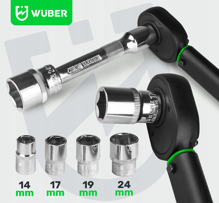 Dinamometrinis raktas „Wuber“ 1/2" 28–210 Nm su 4 galvutėmis ir dėklu