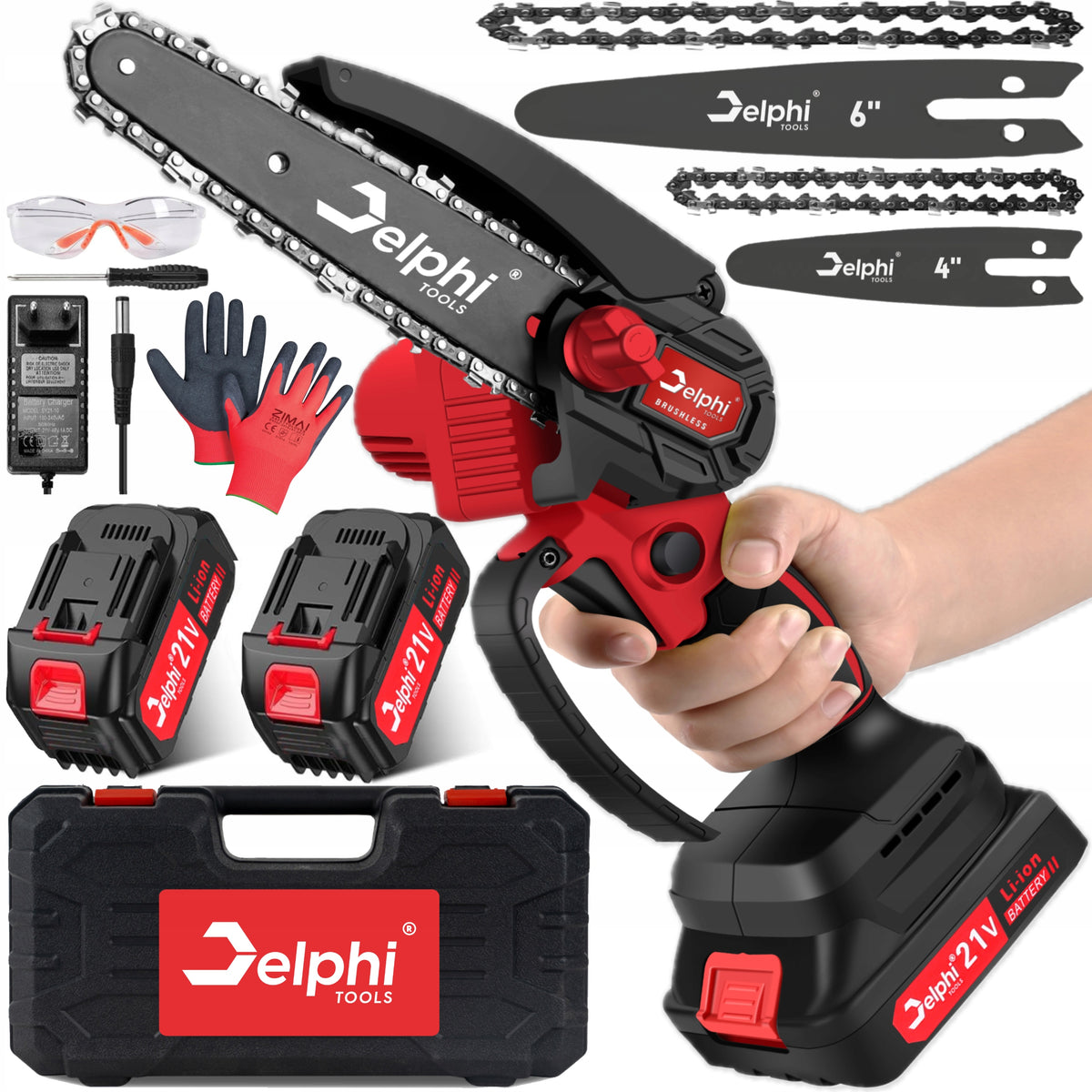 Akumuliatorinis grandininis pjūklas šakoms „Delphi Tools“ 6", bešepetėlinis, 2 × 21 V – nuotrauka 1