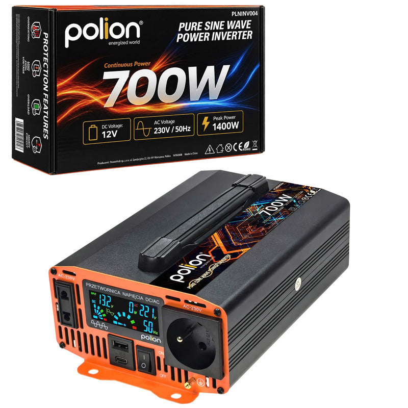 Automobilinis įtampos keitiklis „Polion“ 12 V / 230 V, 700 W, gryna sinusinė banga