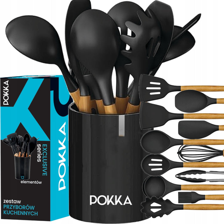 Silikoninių virtuvės įrankių rinkinys „Pokka Exclusive“, 12 vnt., juodas