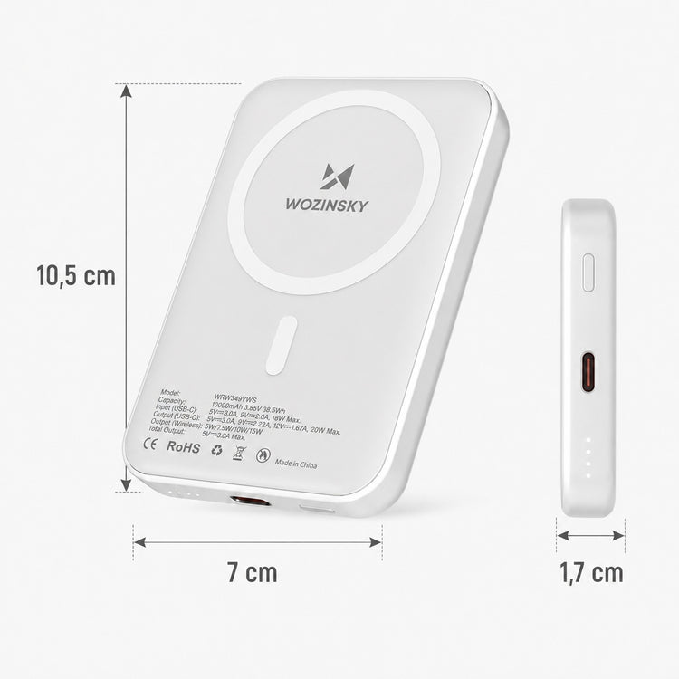 Magnetinis belaidis išorinis akumuliatorius „Wozinsky“ Qi / MagSafe, 10000 mAh, baltas