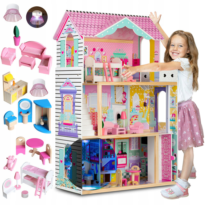 XXL medinis lėlių namelis su liftu, baldais ir LED „RicoKids“, 120 cm