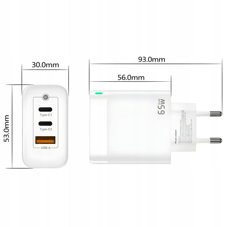 Greitasis GaN įkroviklis 65 W su 2 USB-C ir USB-A bei USB-C laidu