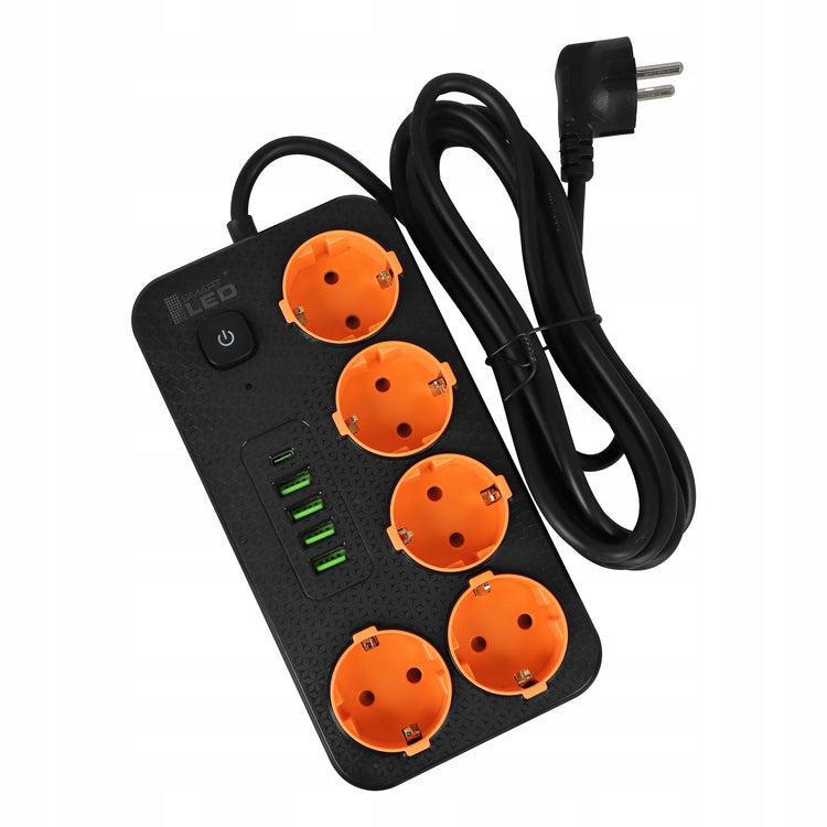 Ilgintuvas „Smartled“, 5 lizdai, USB, 3 m, juodas