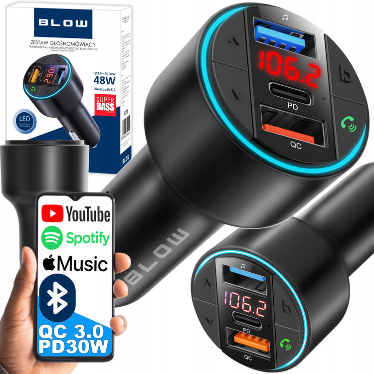 Bluetooth 5.3 FM siųstuvas su krovikliu „Blow“ USB-C PD 30 W, LED