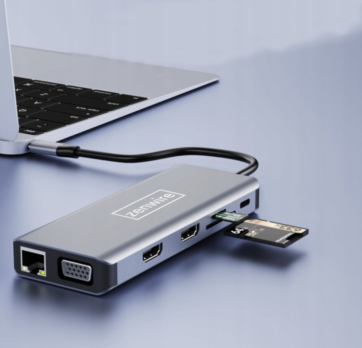 Doko stotelė „Zenwire“ 12 in 1 USB-C: 2× HDMI, VGA, USB, SD, Ethernet