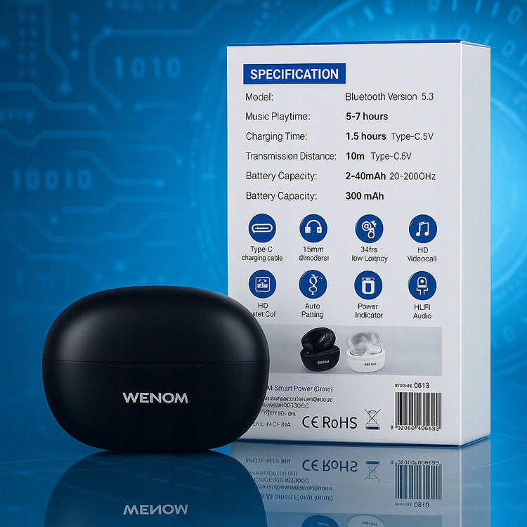 Sportinės belaidės ausinės „Wenom SPE-13“ su triukšmo slopinimu, Bluetooth 5.3, juodos