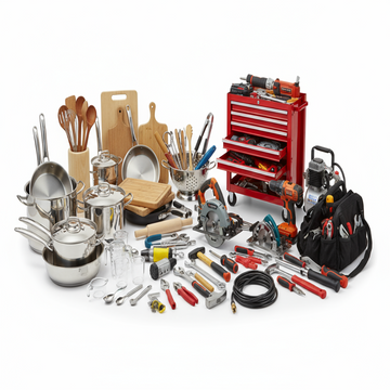 all shop items, no clothes, kitchen suplies, tools kitchen and garage