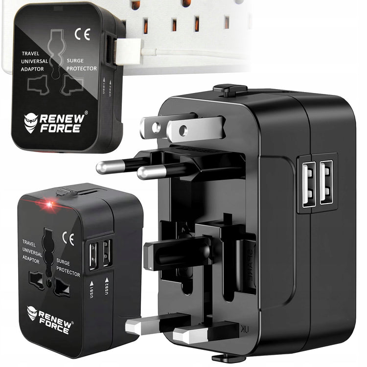 Universalus kelioninis adapteris „Renew Force“ 4 in 1 su USB, viso pasaulio lizdams