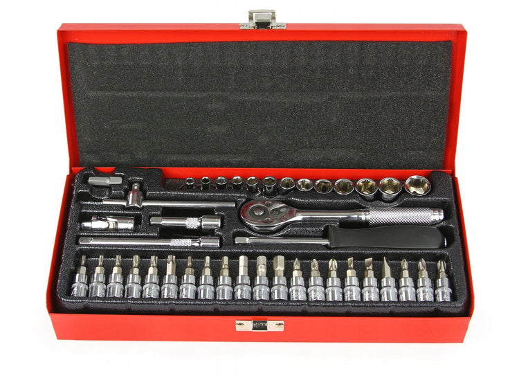 Galvučių ir antgalių rinkinys 1/4“ su terkšliu, 42 dalys, 4–14 mm