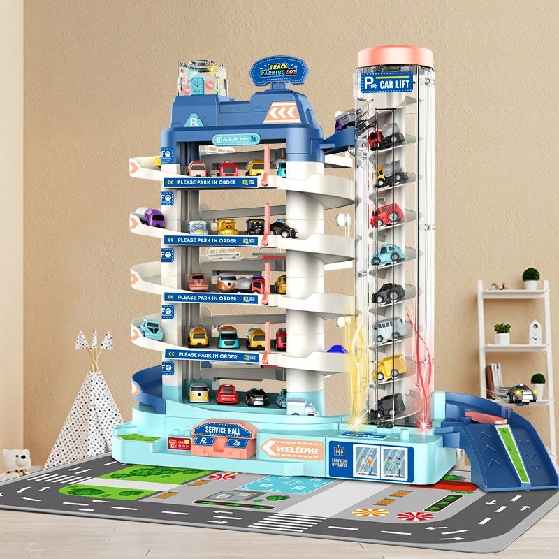 5 aukštų žaislinis parkingas su liftu ir automobiliais