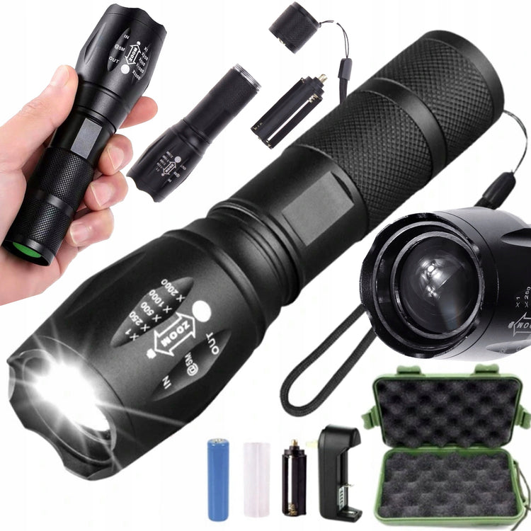 Akumuliatorinis taktinis LED žibintuvėlis XML-T6 su ZOOM, iki 1800 lm