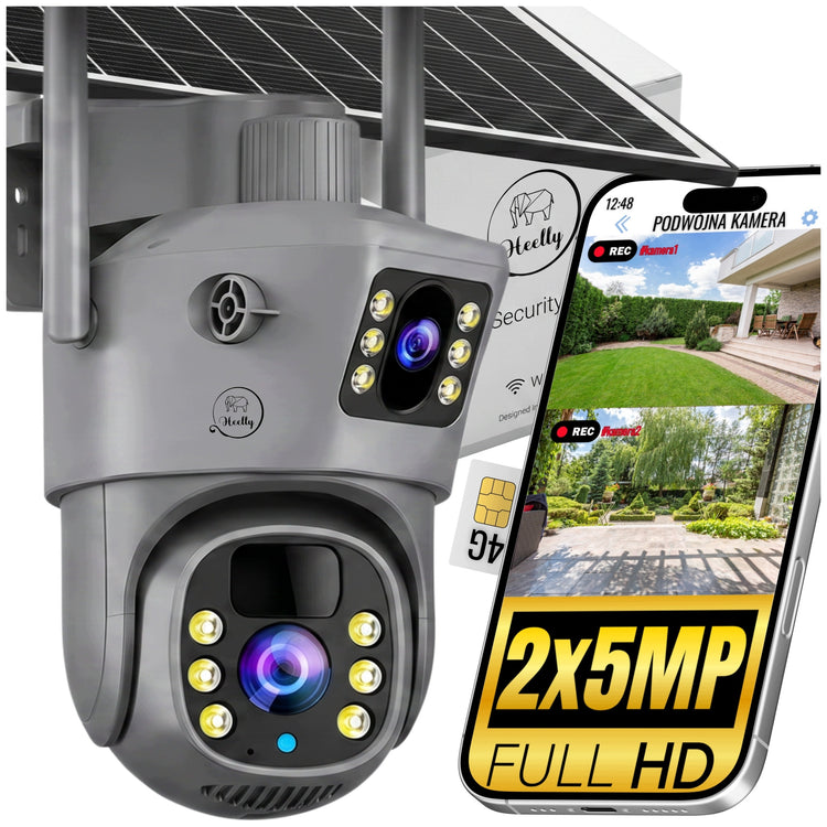 Dviguba saulės 4G lauko kamera „Heelly“ 2in1, 2×5 MP, pasukama, pilka