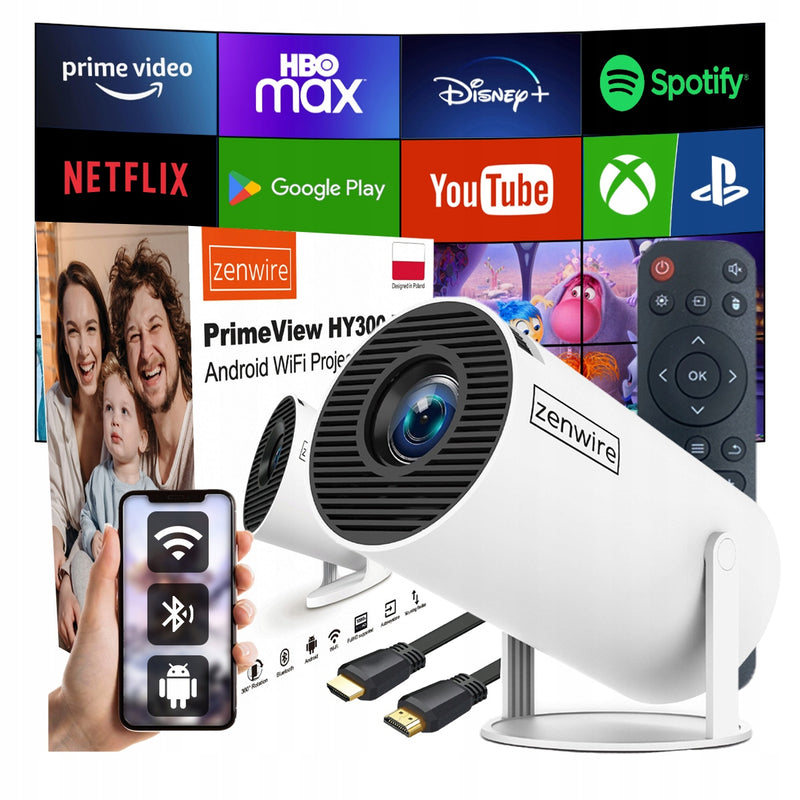 Mini projektorius „Zenwire“ su „Android TV“ ir Wi-Fi 6, pasukamas 360°