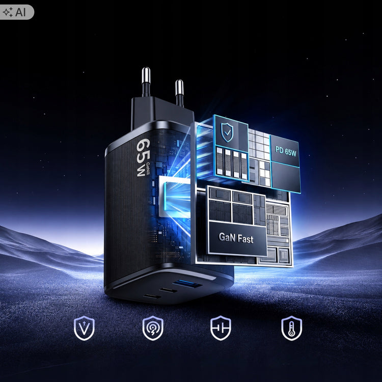 Greitasis GaN įkroviklis „Matnox“ 65 W su 2 USB-C ir USB-A, PD / QC 4.0