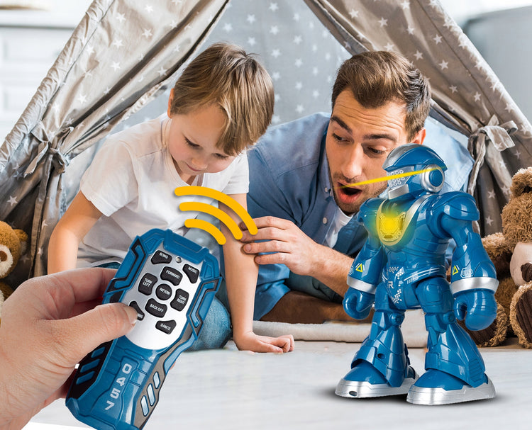 Nuotoliniu būdu valdomas šokantis ir dainuojantis robotas, mėlynas