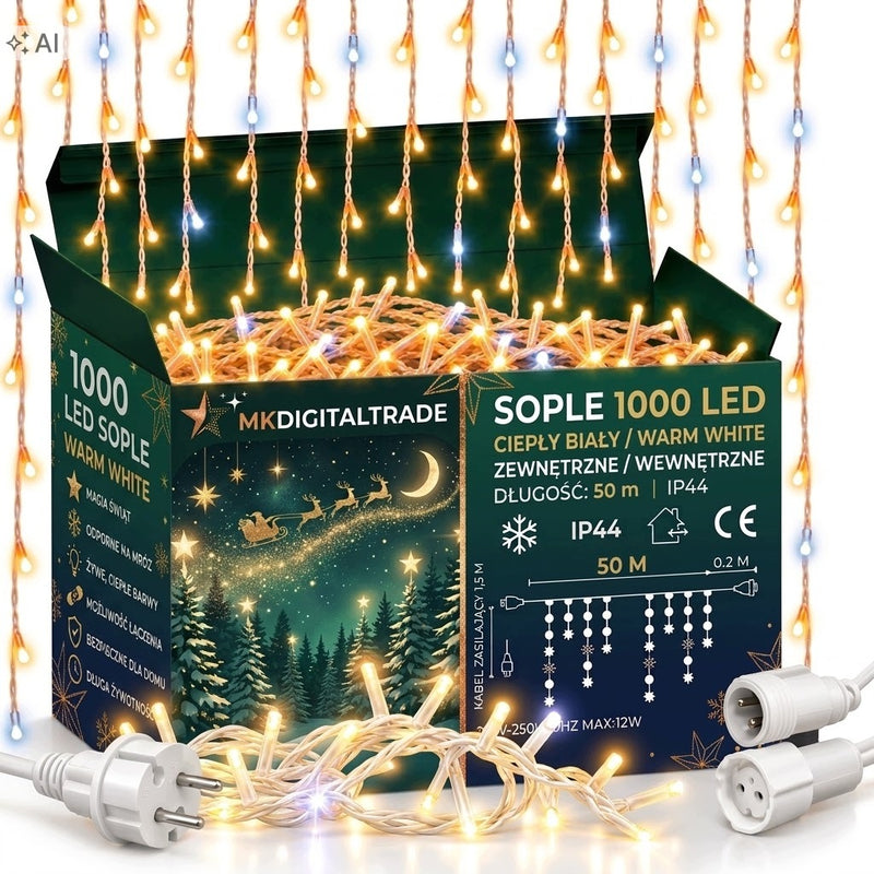 Lauko LED girlianda „Varvekliai“, 1000 LED, 51,5 m, šiltai balta