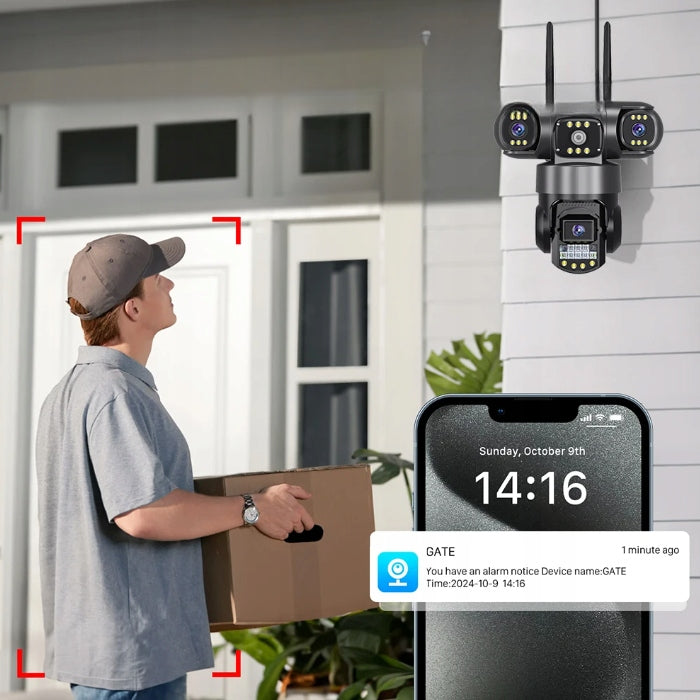 Lauko besisukanti Wi-Fi kamera su trimis objektyvais, 3 × 4 MP, priartinimas, judesio aptikimas, IP66