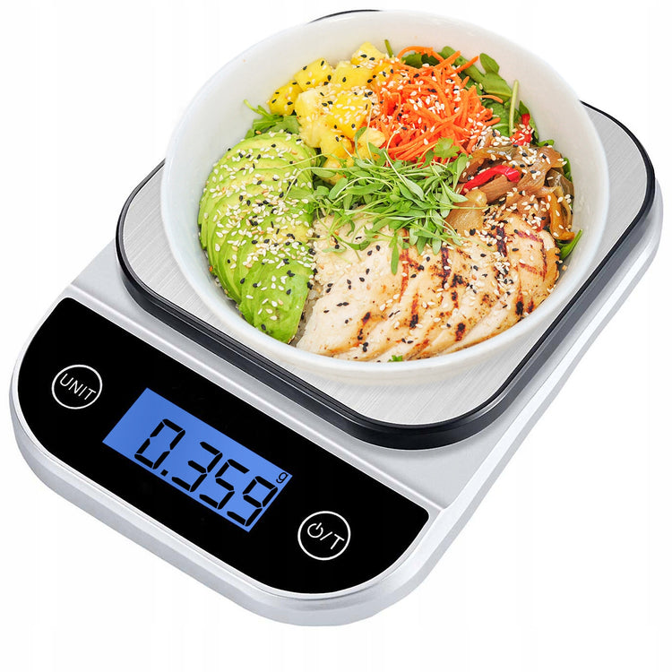 Elektroninės virtuvinės svarstyklės su laikmačiu ir termometru, 5 kg / 1 g