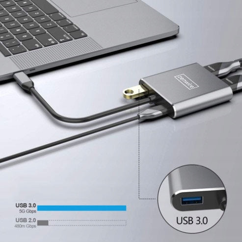USB-C šakotuvas „Zenwire“ 4 in 1: 2× HDMI 4K, USB 3.0, MacBook