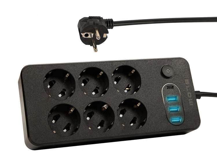 Ilgintuvas „Blow“ su jungikliu, 6 lizdai, 3× USB ir USB-C, 2 m, juodas