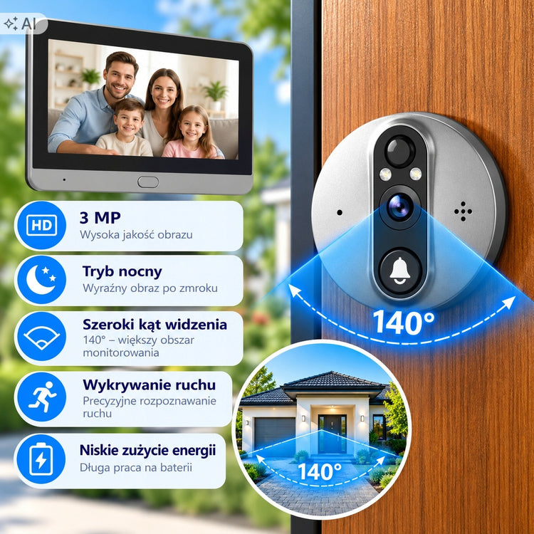 Belaidė Wi-Fi durų akutė su kamera ir ekranu Tuya, 3 MP, 140°