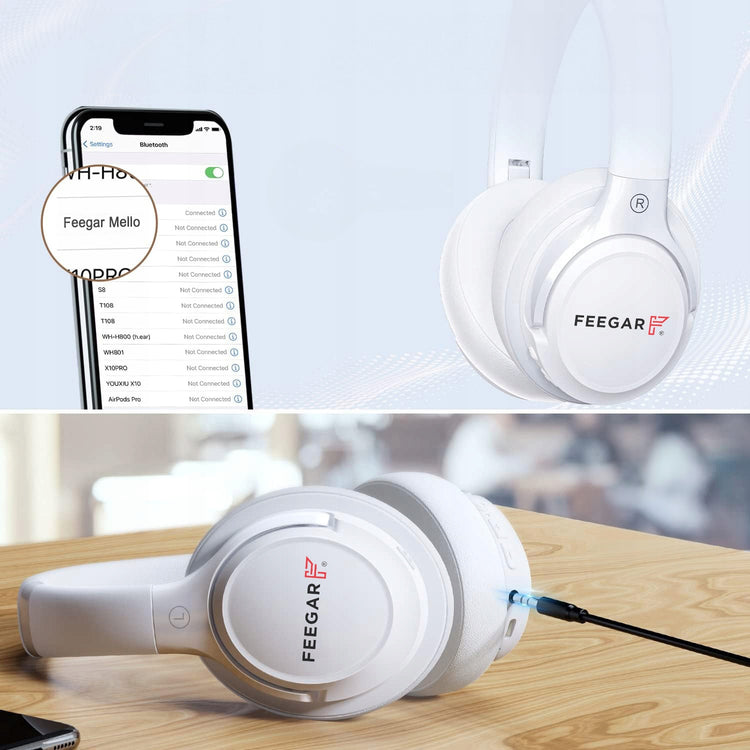 Belaidės ant ausų ausinės „Feegar Mello“, iki 65 val., Bluetooth 5.3, 6 EQ režimai, baltos