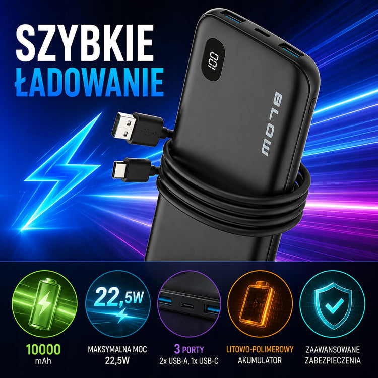 Išorinis akumuliatorius „Blow“ 10000 mAh, 22,5 W PD / QC, juodas