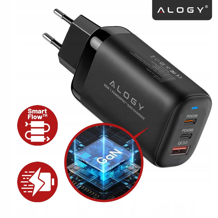 Greitasis įkroviklis „Alogy“ 65 W su 2 USB-C ir USB-A, PD / QC