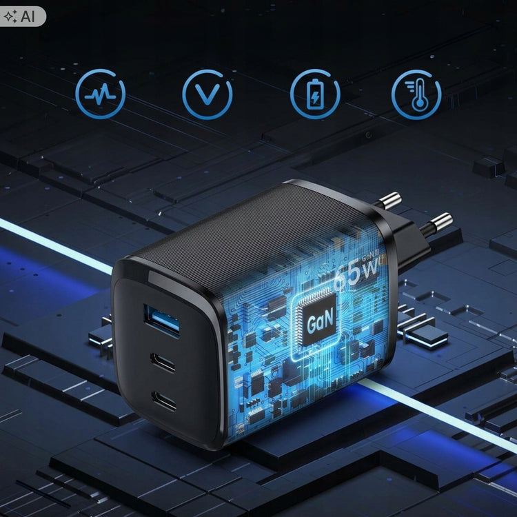 Greitasis GaN įkroviklis „Matnox“ 65 W su 2 USB-C ir USB-A, PD / QC 4.0