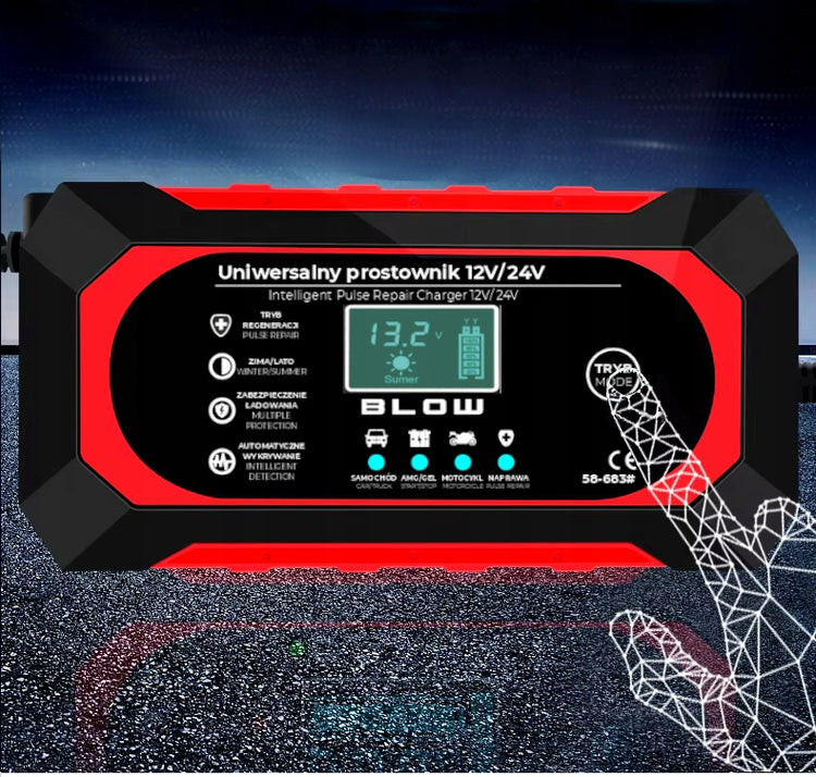 Automatinis akumuliatorių įkroviklis „Blow“ su LCD, 12 V 8 A / 24 V 4 A