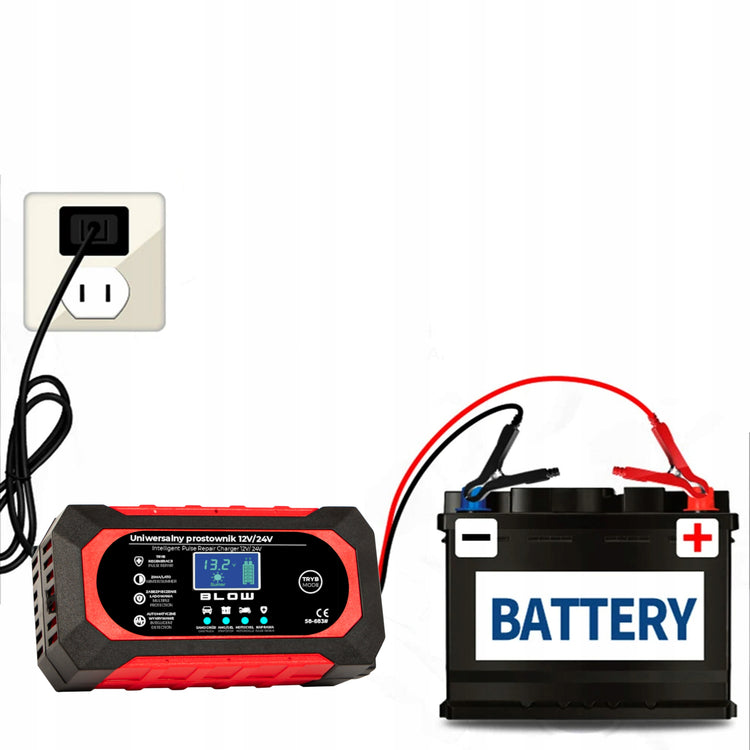 Automatinis akumuliatorių įkroviklis „Blow“ su LCD, 12 V 8 A / 24 V 4 A