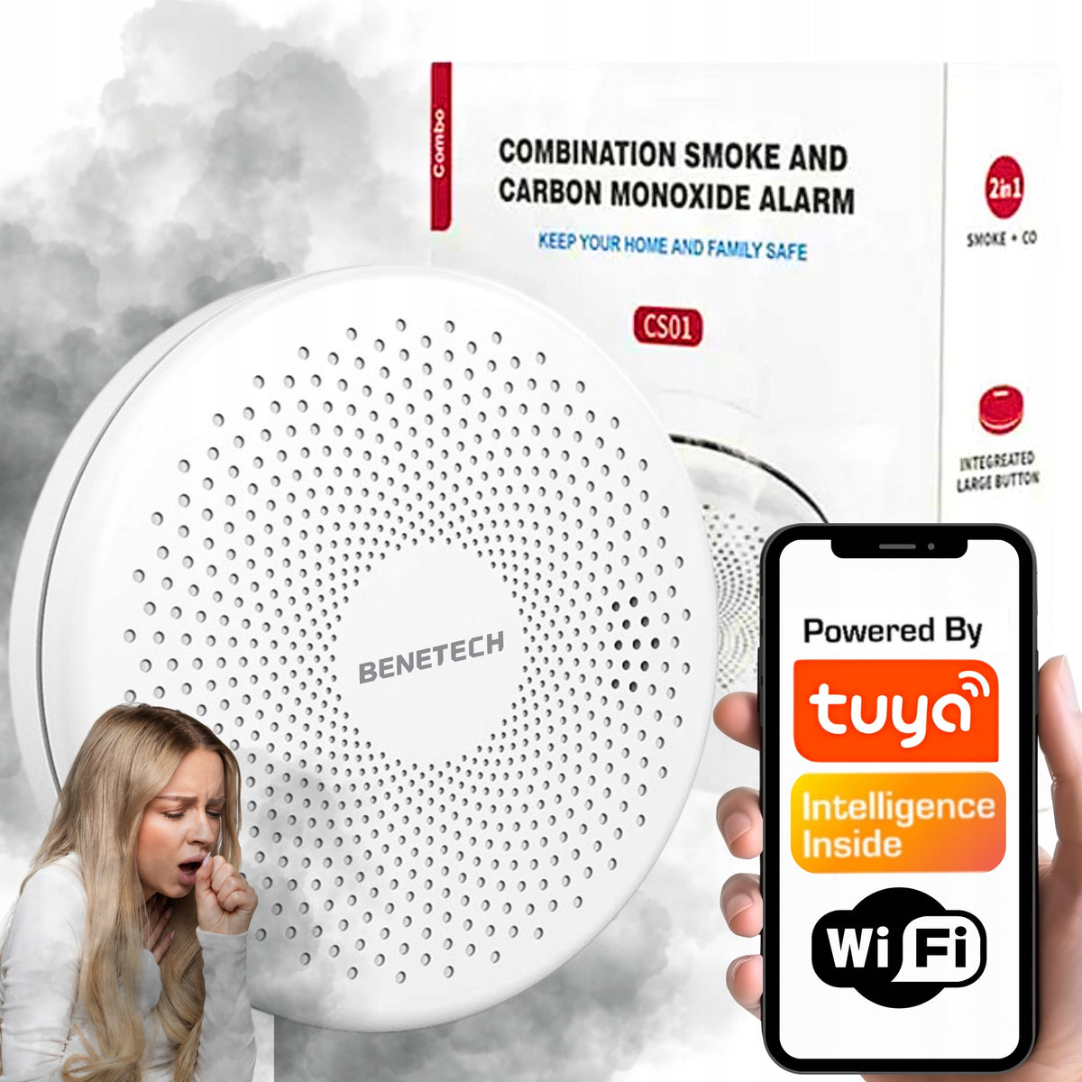 Wi-Fi smalkių dujų ir dūmų detektorius 2in1 „Benetech PC-410“ su Tuya