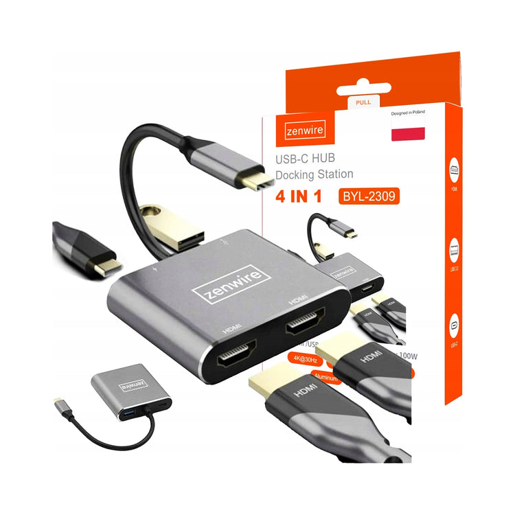 USB-C šakotuvas „Zenwire“ 4 in 1: 2× HDMI 4K, USB 3.0, MacBook