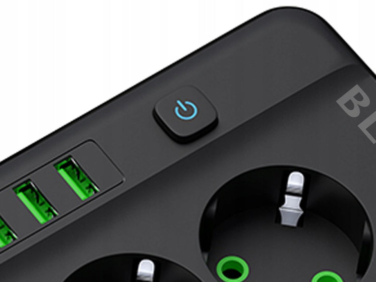 Ilgintuvas „Blow“ su jungikliu, 3 lizdai, 4× USB, 3 m, juodas