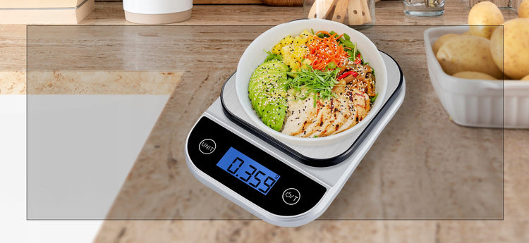 Elektroninės virtuvinės svarstyklės su laikmačiu ir termometru, 5 kg / 1 g
