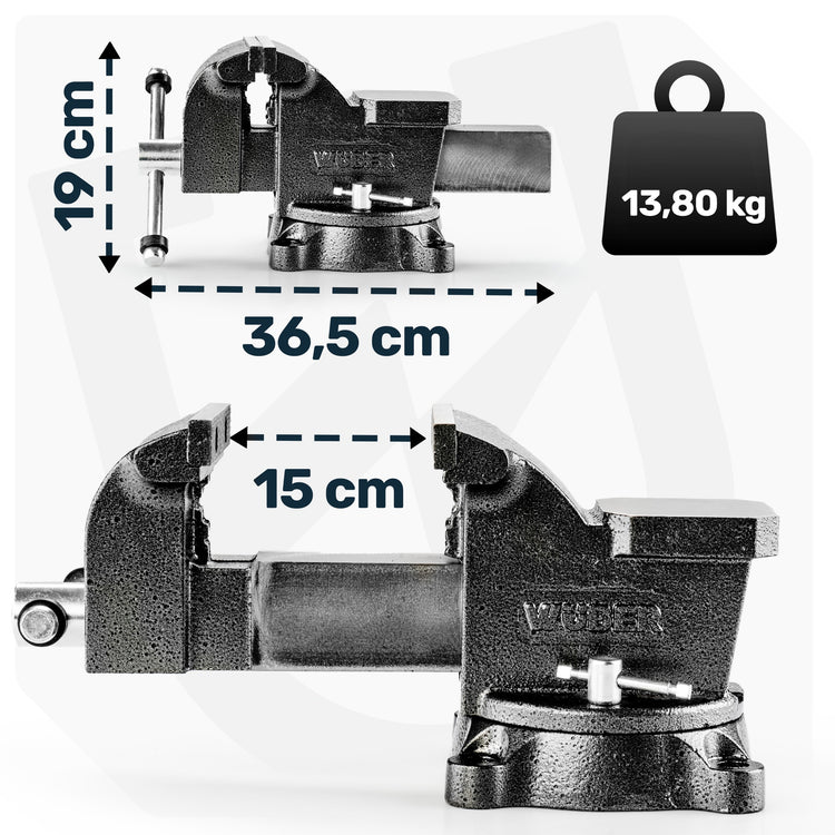 Ketaus šaltkalvio spaustuvas su priekalu „Wuber“, besisukantis 360°, 150 mm
