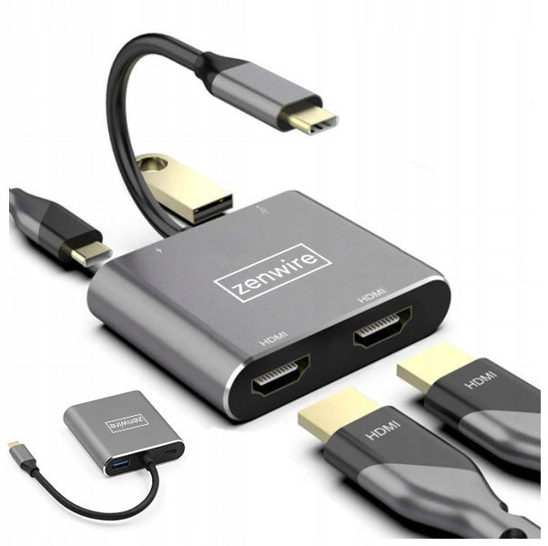USB-C šakotuvas „Zenwire“ 4 in 1: 2× HDMI 4K, USB 3.0, MacBook