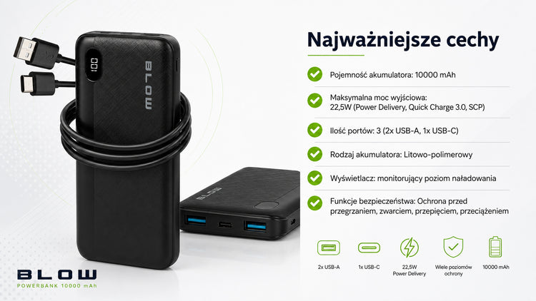 Išorinis akumuliatorius „Blow“ 10000 mAh, 22,5 W PD / QC, juodas