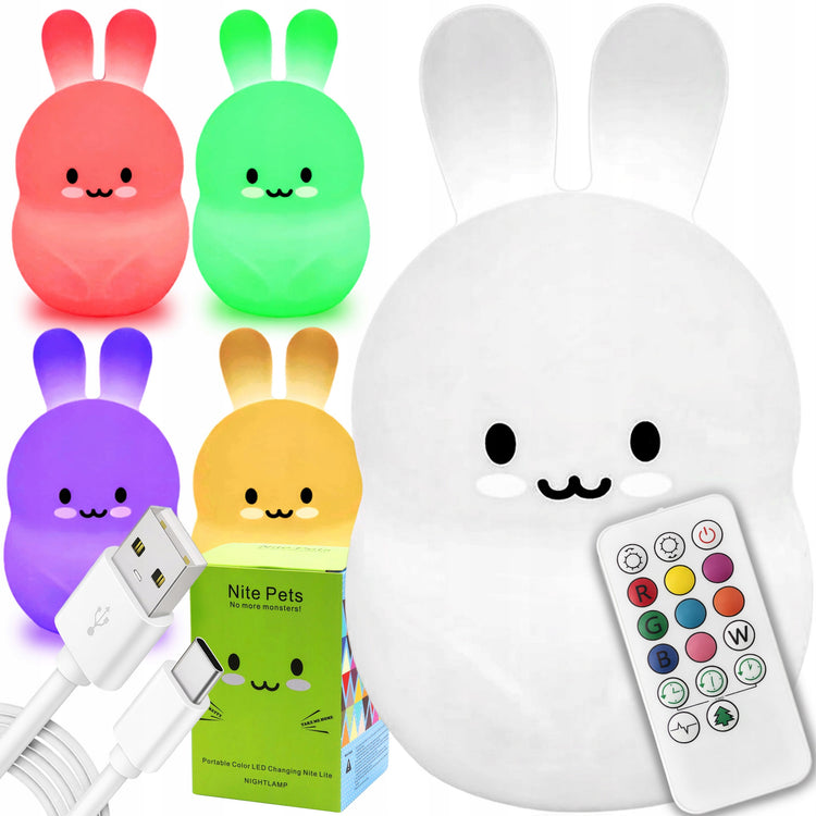 Silikoninis naktinis šviestuvas-zuikutis su RGB ir pultu – nuotrauka 1